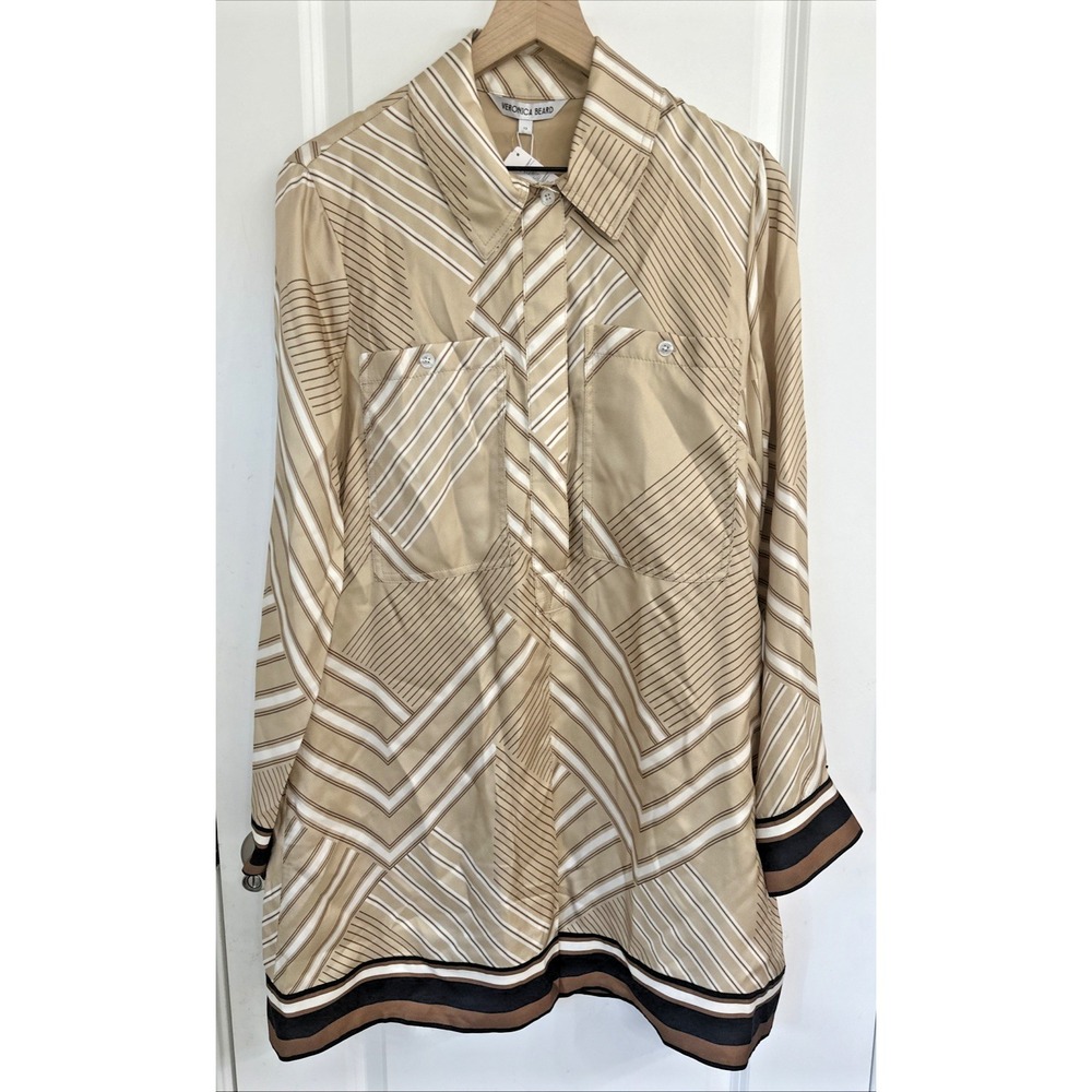 Veronica Beard Size 12 Pryce Striped Mini Shirtdress Silk Blend Stone Khaki Mult - Picture 6 of 15